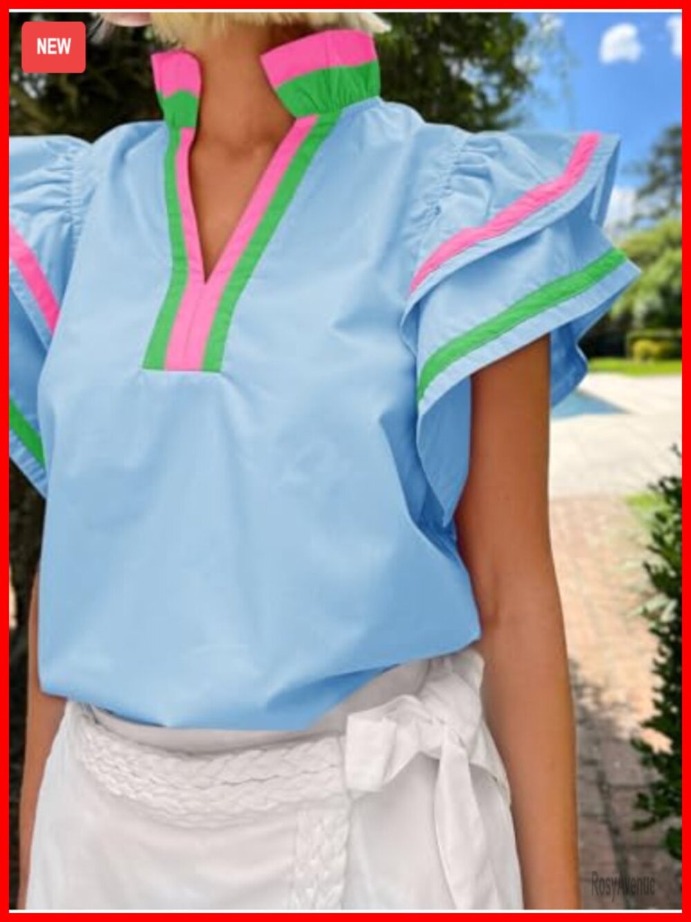 Ruffle Cap Sleeve Color Block V Neck Blouse Summer Pleated Loose Fit Tunic Top - Picture 2 of 6